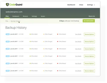 The CodeGuard backup history