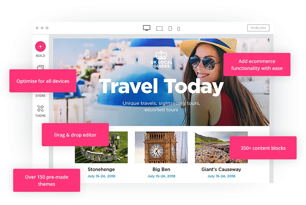 A travel website being built in Site Builder