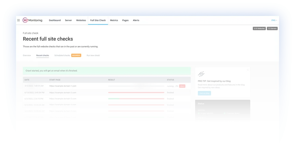 A Full Site Check report in 360 Monitoring